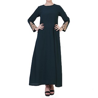 A-line abaya with Chikan Embroidery Work- Green-Gold
